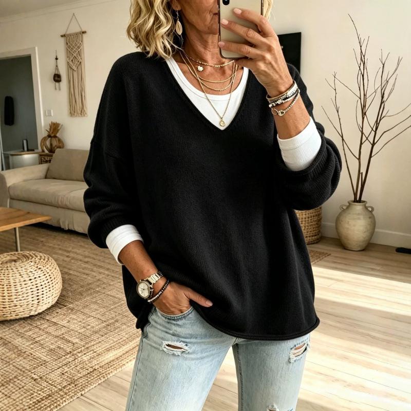 2026 Casual V-neck Loose Sweater - European/American Trend, Long Sleeve, In Stock
