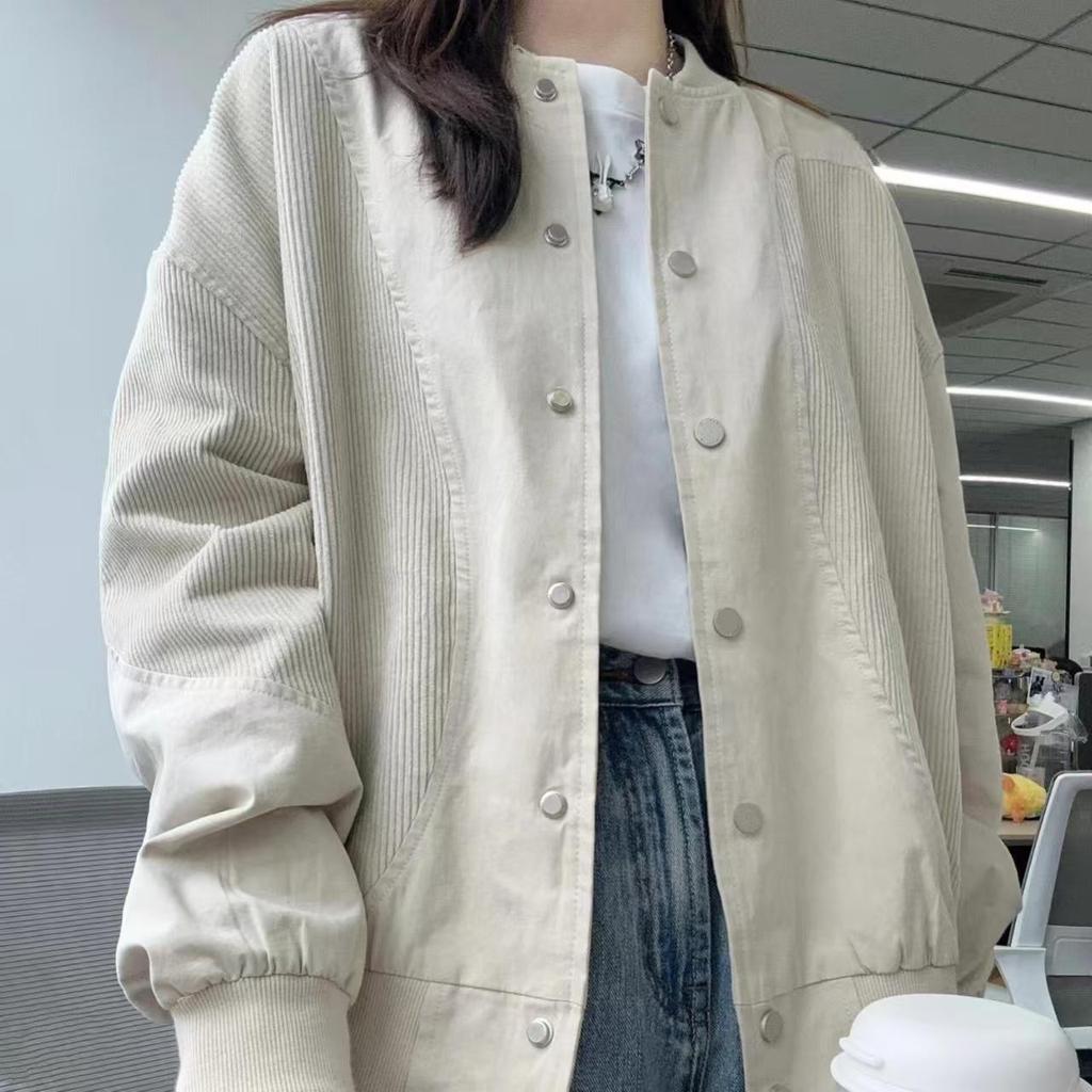Women's Retro Corduroy Patchwork Baseball Jacket - Spring Fashion, Loose Fit, Casual Top