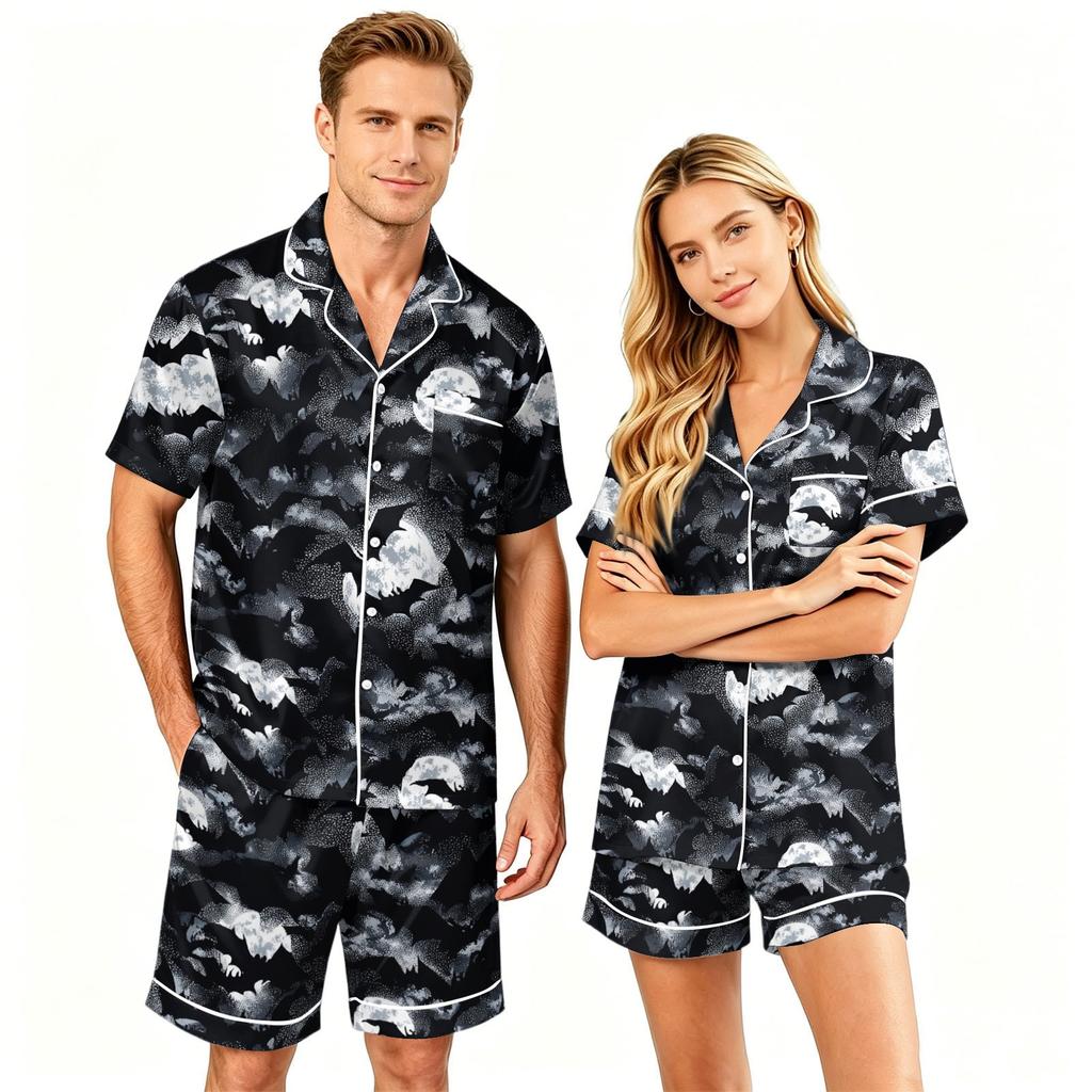 Couple Matching Halloween Pajama Set Short Sleeve Button Down Shirt with Hem and Shorts Soft Casual Sleepwear S-XXXXL