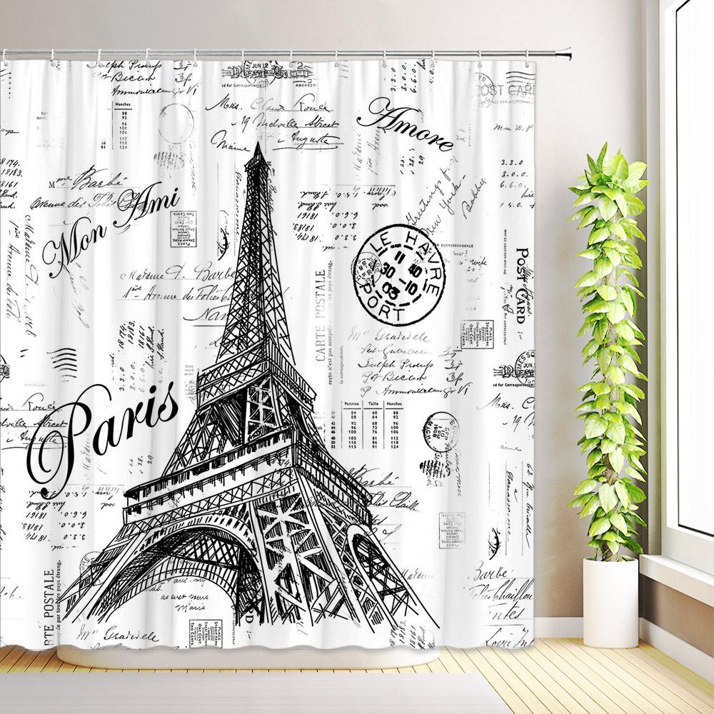 Red Rose Flower Shower Curtain Romantic Paris Vintage Eiffel Tower Stamp Floral Butterfly Abstract Art Bathroom Decor with Hooks