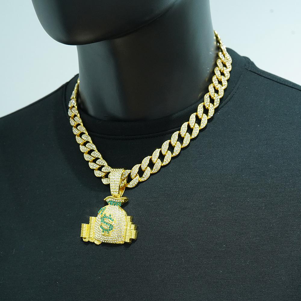 Popular diamond-encrusted money bag pendant, new alloy necklace, daily casual wear, personalized hip-hop Cuban chain.