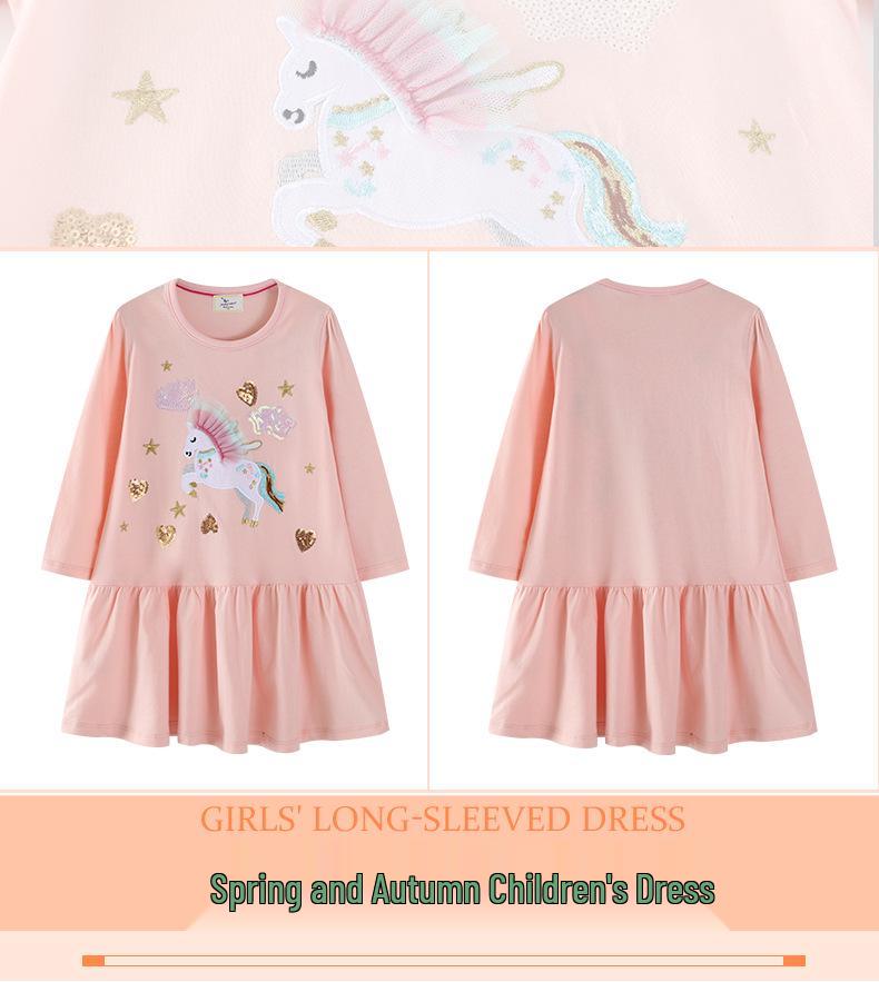 European Autumn Unicorn Embroidery Long Sleeve Princess Dress for Girls