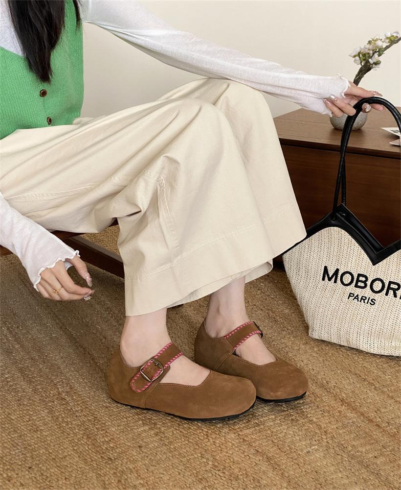 Echtes Rindsleder Mary Jane Schuhe mit runder Spitze Retro Boken Schuhe 2025 Einwort mit flachem Boden Taschenkopf Einzelne Schuhe Damen