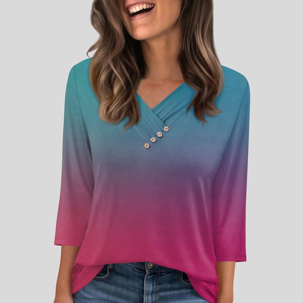 Damen T-Shirt Tee Knopf 3/4 Ärmel Tunika Täglich Wochenende Mode Basic V-Ausschnitt Reguläres Oberteil