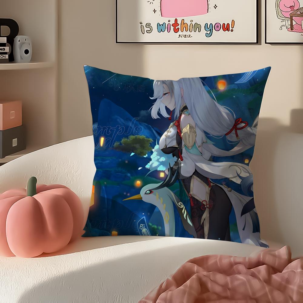 Game Genshin ShenHe Cushion Cover Pillowcase Short Plush Invisible zipper Room Sofa Cushion Cover