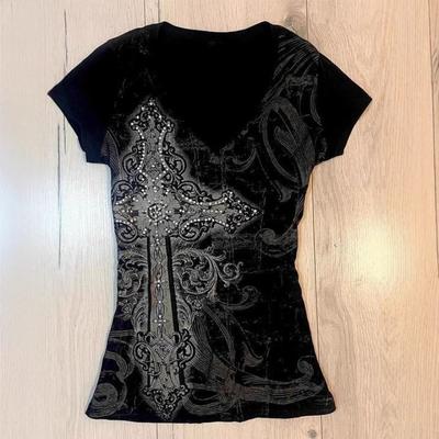 Y2K Millennium sexy heißes Mädchen V-Ausschnitt figurbetont bedrucktes T-Shirt