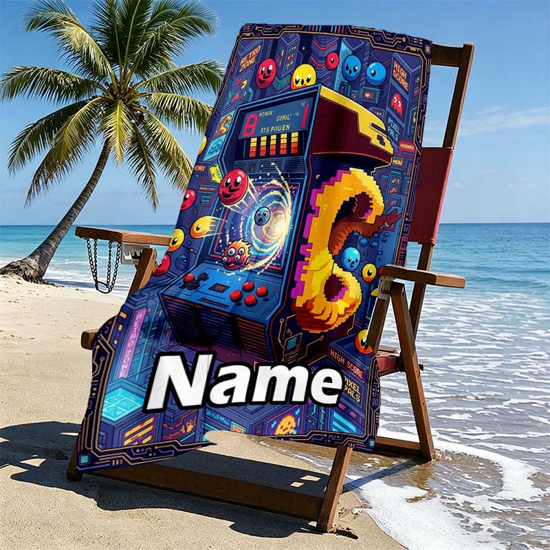 Custom Name Personalized PAC MAN Print Beach Towel, for Trip Camping Beach Party Home Decor, Birthday Gift for Family & Friends