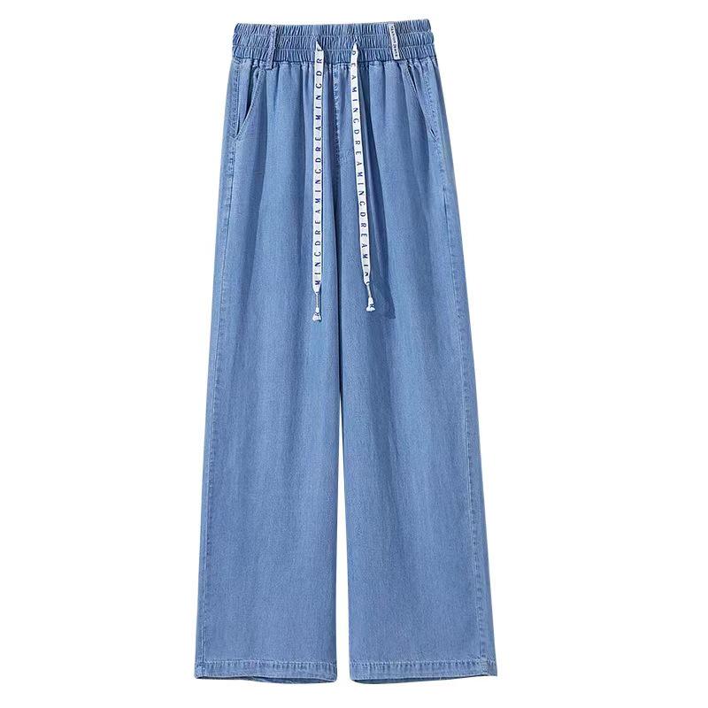 Plus Size Women's Tencel High-Waist Wide-Leg Jeans - Summer Thin, Drapey Casual Pants In Ice Silk for Spring/Autumn.