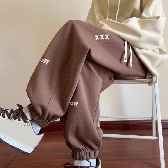 Spring Fall Men Sport Pants Loose Drawstring Elastic Waist Pockets Ankle-banded Letter Embroidery Exercise Trousers Daily Wear Sweatpants