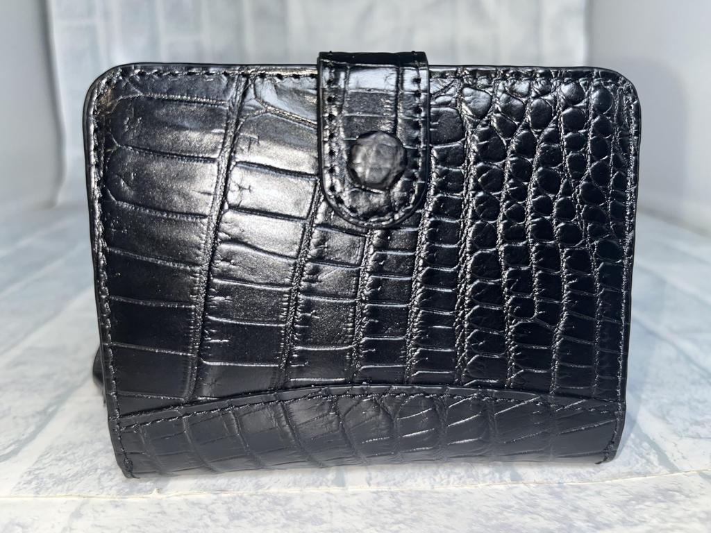 GUODI Compact Bifold Wallet, Genuine Crocodile Leather, Unisex, for Men and Women, NB7-W222 (Black)