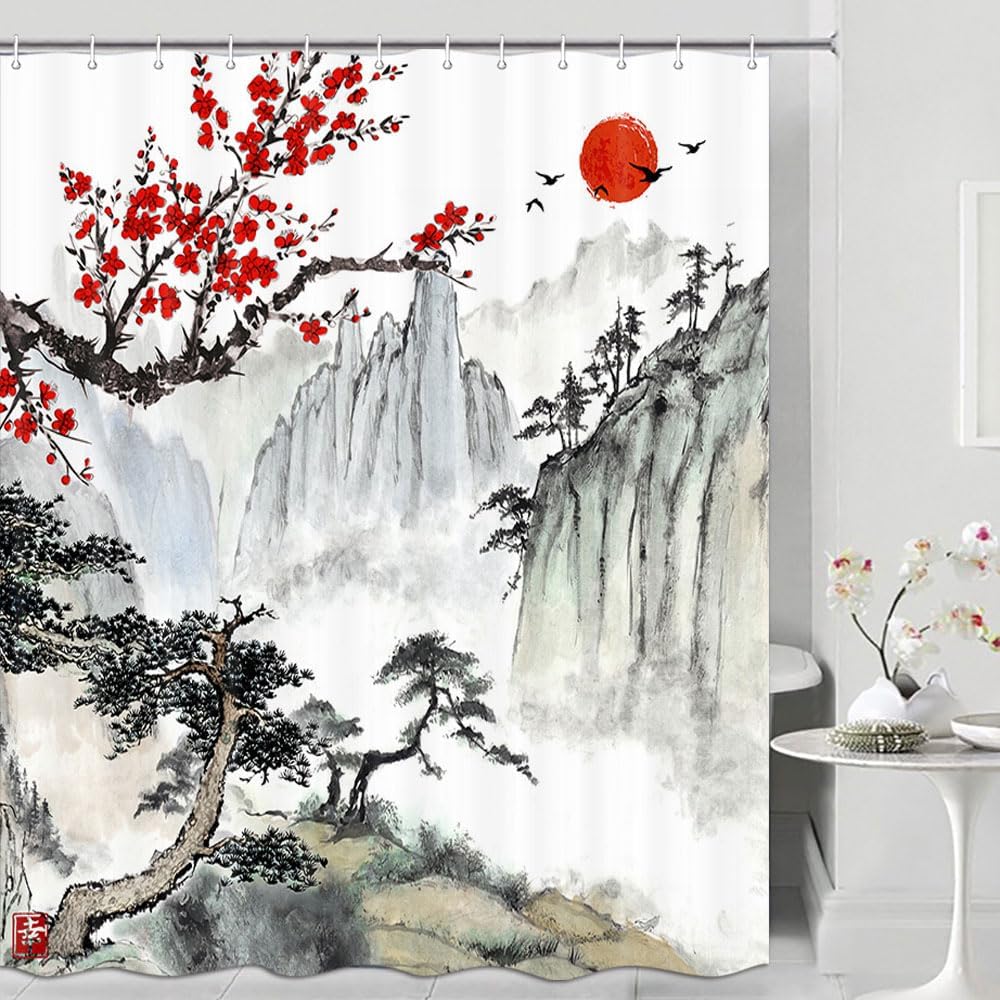 Asian Scenic Shower Curtain Sets, Chinese Japanese Landscape Black Mountain and Pine Tree Ink Painting Bathroom Curtain