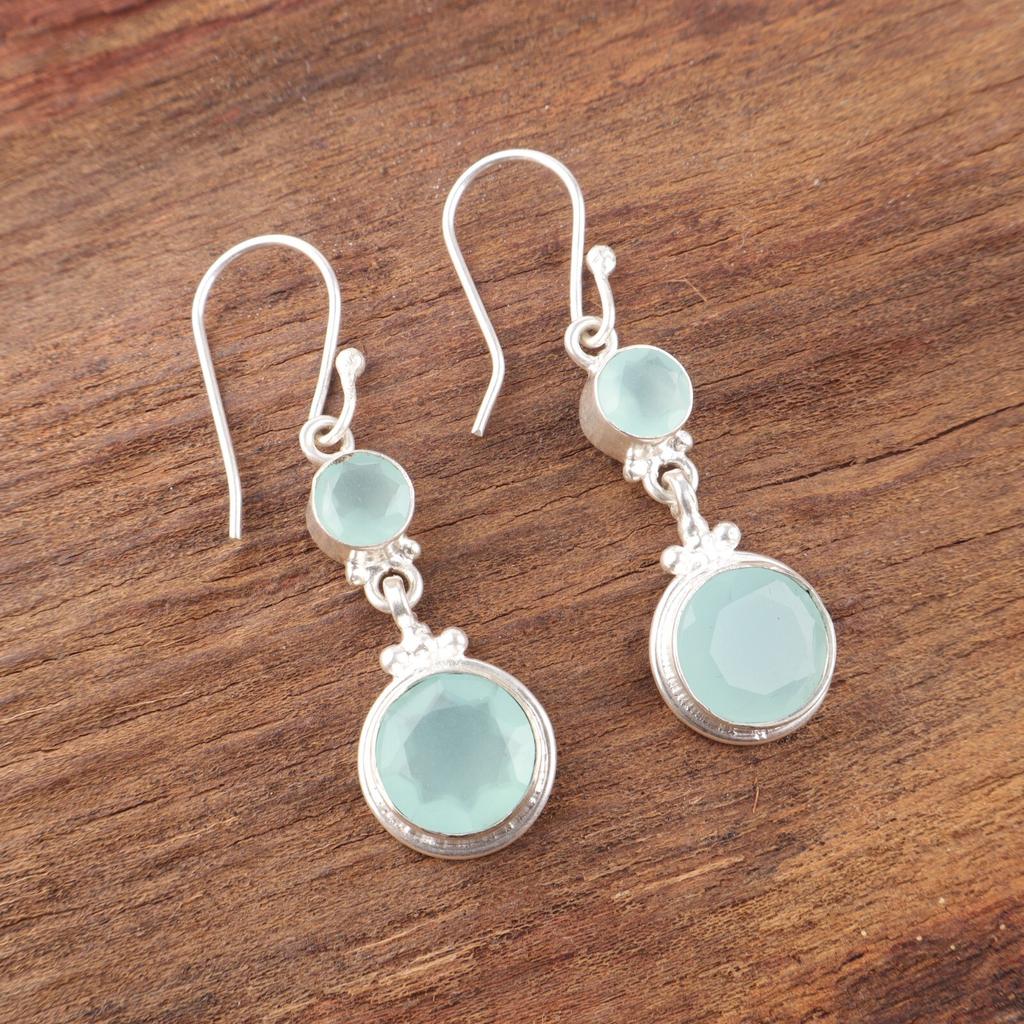 Aqua Chalcedony Gemstone 925 Sterling Silver Handmade Jewelry Bohemian Earrings EE-160-18
