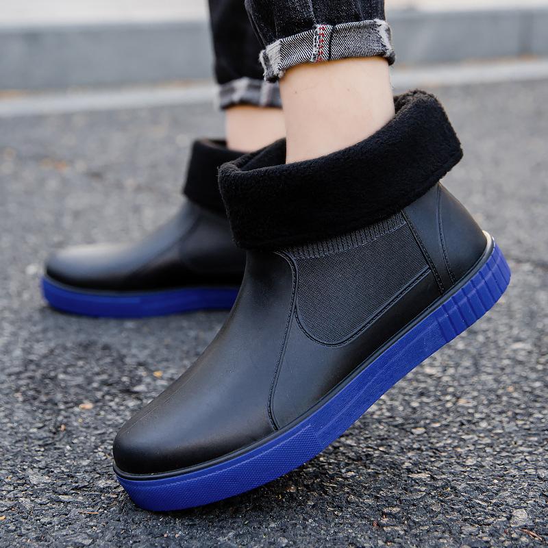 Fashion rain shoes men's short tube adult non-slip water shoes student rain boots fleece thermal rubber shoes work rubber shoes overshoes