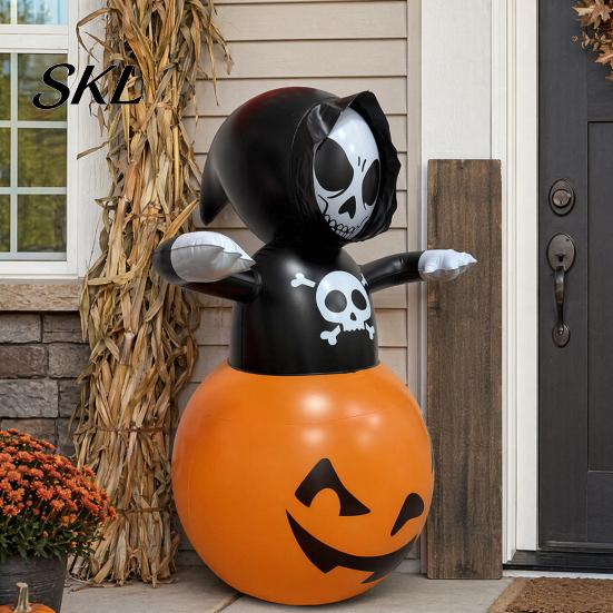 Outdoor Halloween Decor Inflatable Grim Reaper Decoration, Large Spooky Blow Up Decoration with Pumpkin for Yard, Lawn, Porch, Haunted House,
