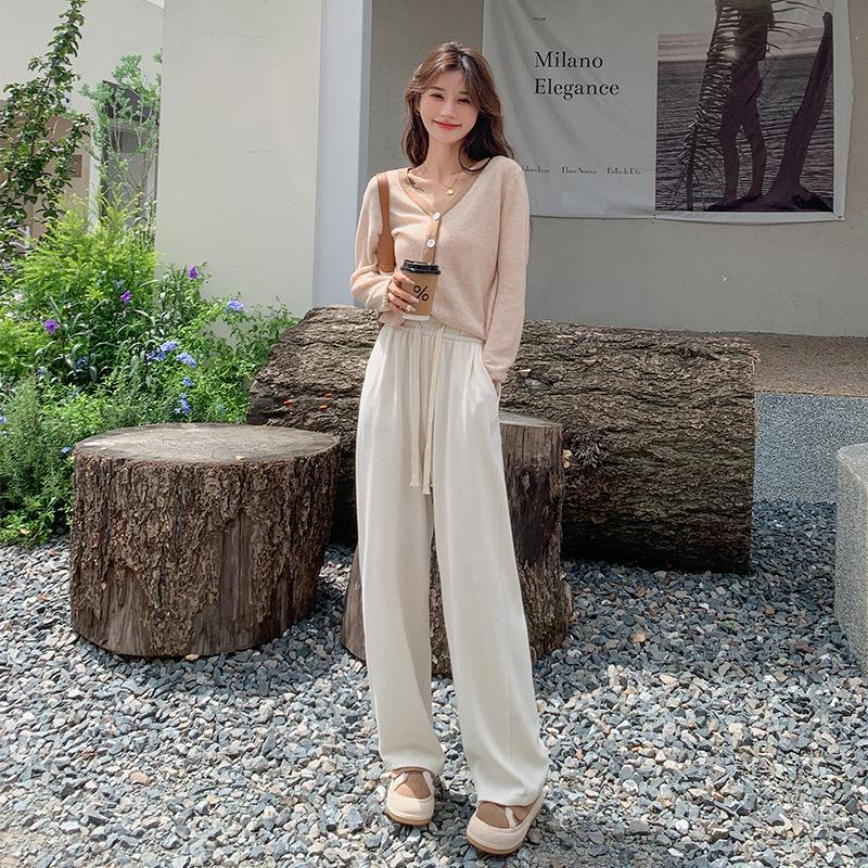 ! Maillard Wide-leg Pants Women's Spring and Autumn Trousers High Waist Loose Lace-up Straight Pants European Cotton Lint Sports Pants