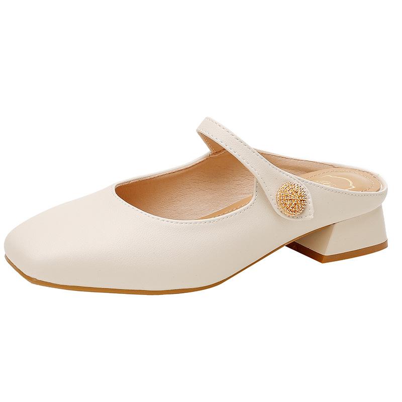 Fashion Cover Toe Loe Heel Slippers Women Ankle Belt Slides Shoes Chunky Heel Pantuflas Mujer Gold Button Outdoor Mules Woman Sandalias