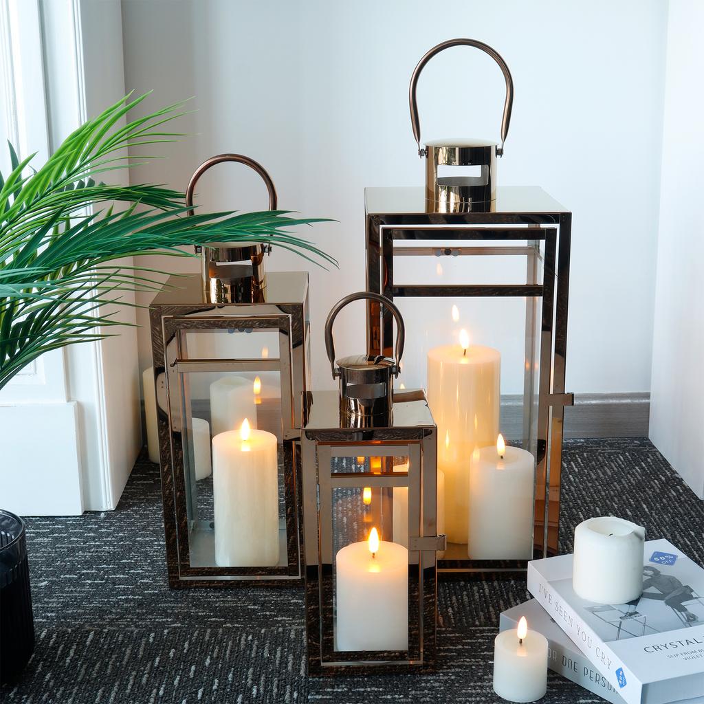Set of 3 Rose Gold Metal Iron Glass Candle Holders Metal Wind Proof Candle Lanterns for Wedding Decor