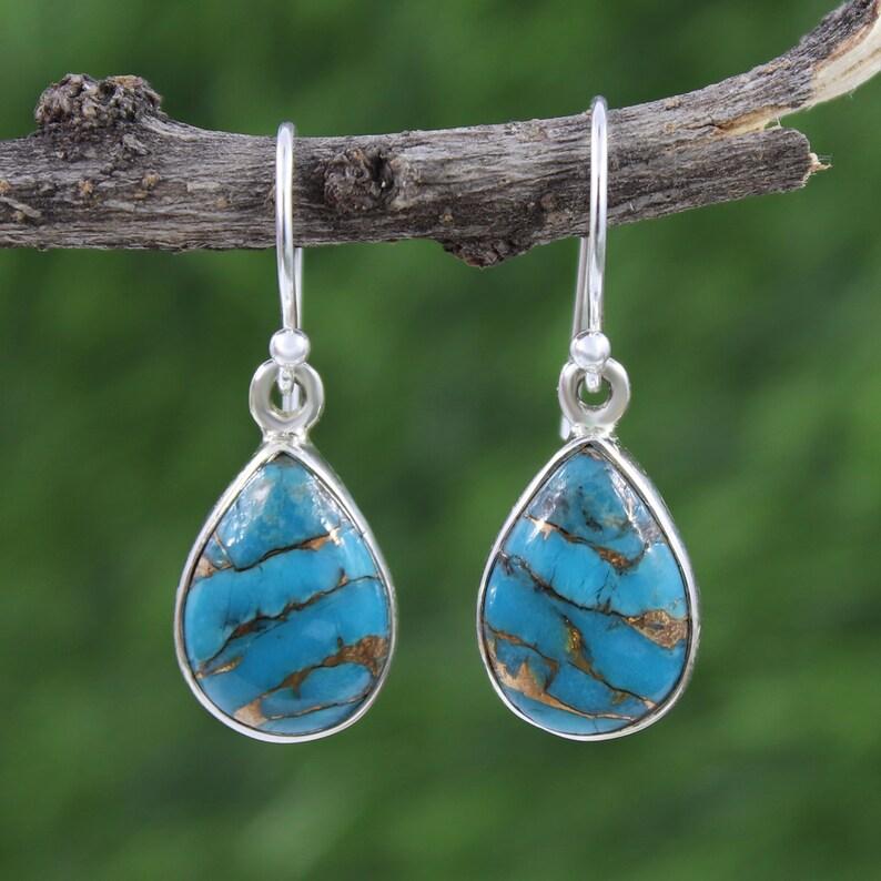 Solid 925 Sterling Silver Blue Copper Turquoise Gemstone Handmade Women Dangle Earring Jewelry Gift For Her