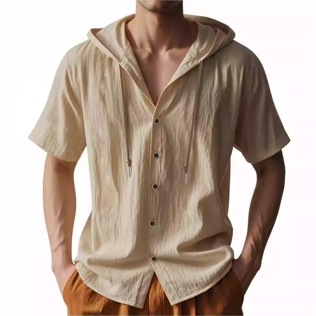 Men's Solid-Color Hooded Shirt: Cotton-Linen Casual Breathable Top for Spring/Summer