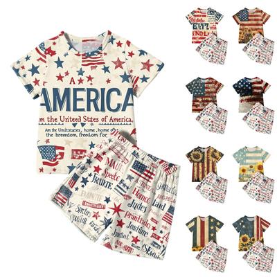 Jungen Mädchen Mode Lässig Rundhals Kurzarm T-Shirt Shorts Unabhängigkeitstag Set