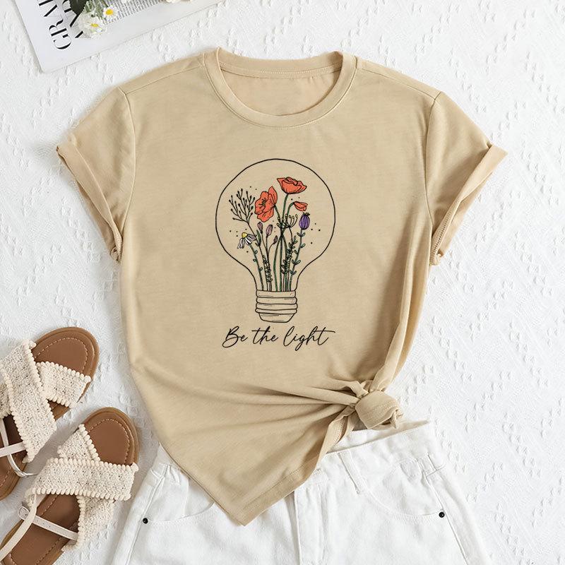Summer Women's Fashionable Light Bulb Short Sleeved Casual Loose Cotton Round Neck Top
