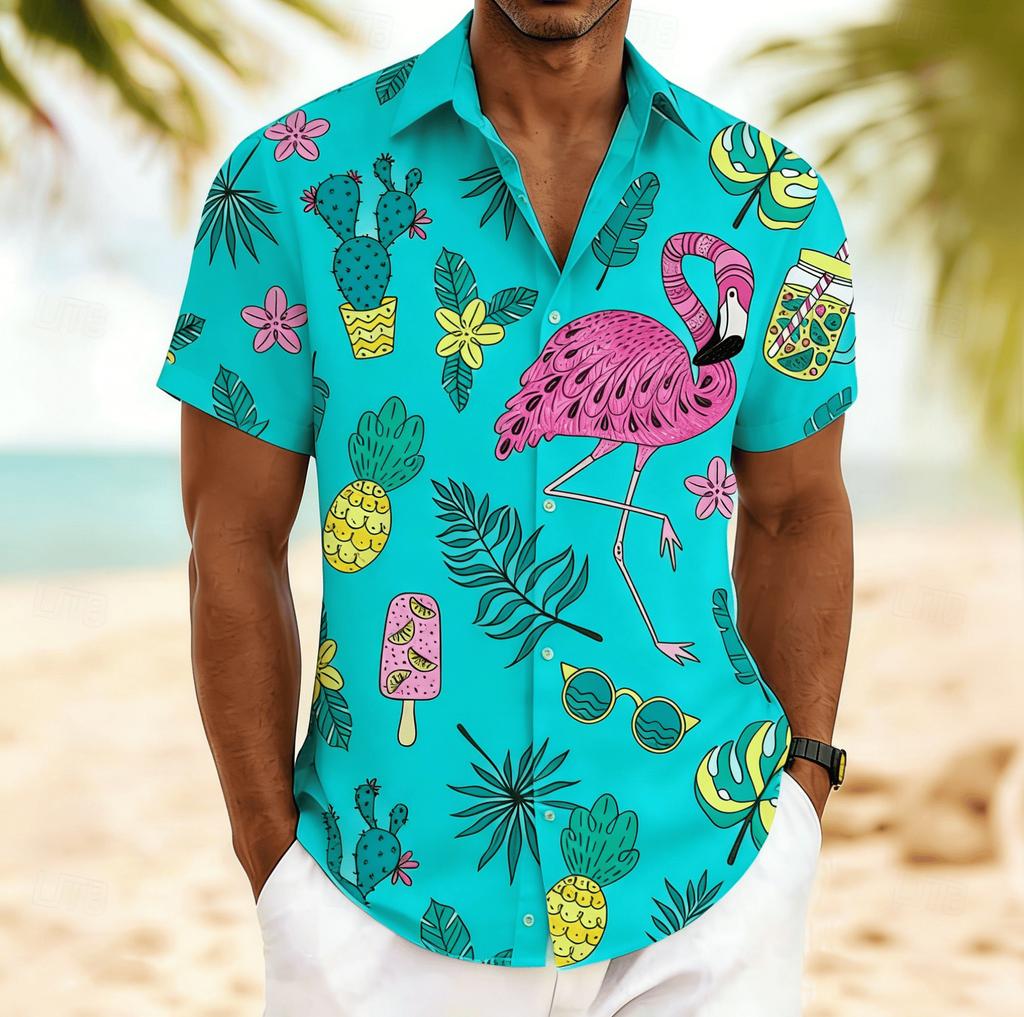 Men's Flamingo Tropical Fruit Print Short Sleeve Shirt, Spring Summer Fun Hawaiian Vacation Blouse, Loose Casual Top