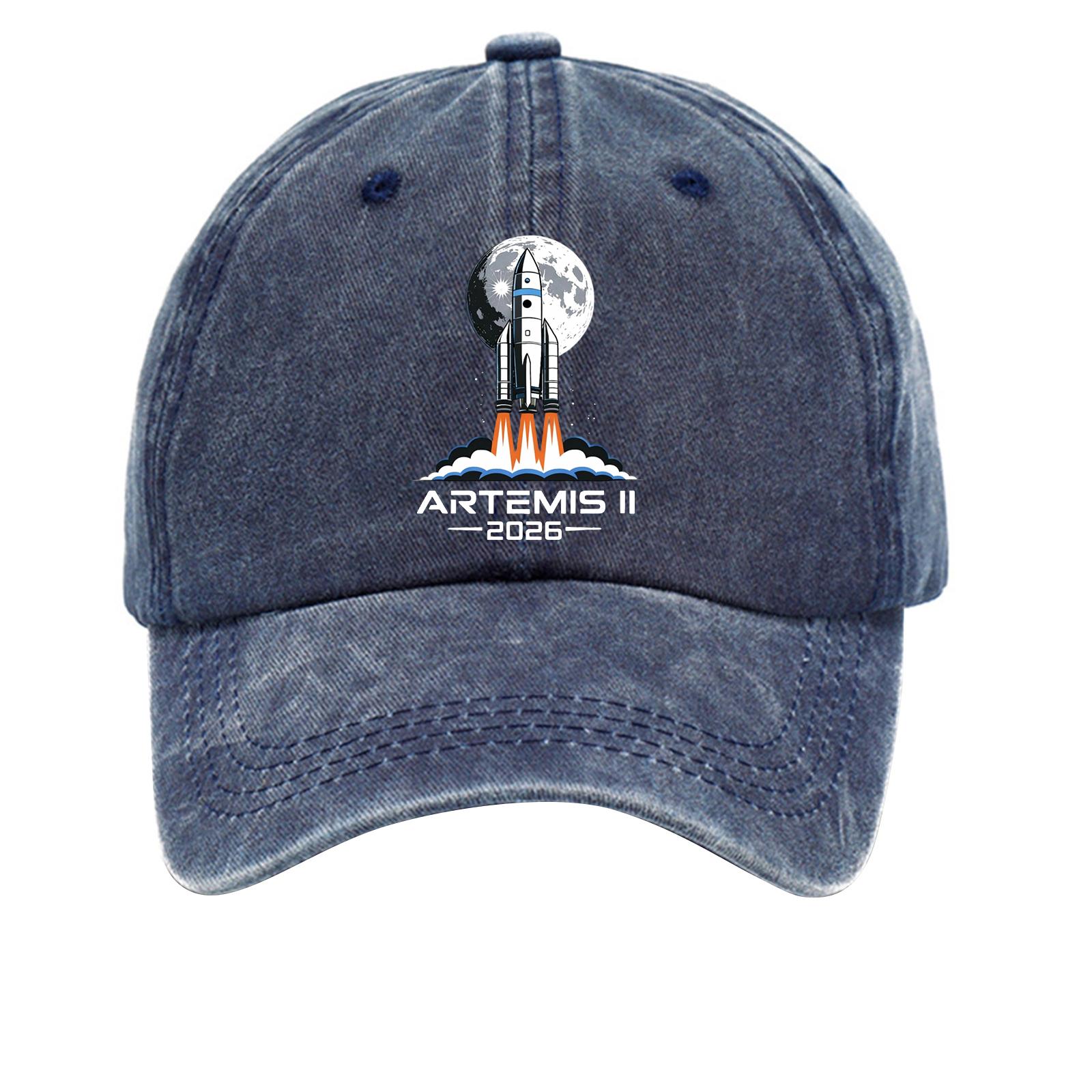 

Washed Cotton Baseball Cap Vintage Style Soft Top Denim Hat with Printed Rocket Design Adjustable Back Strap for Casual Wear One Size тёмно-синий