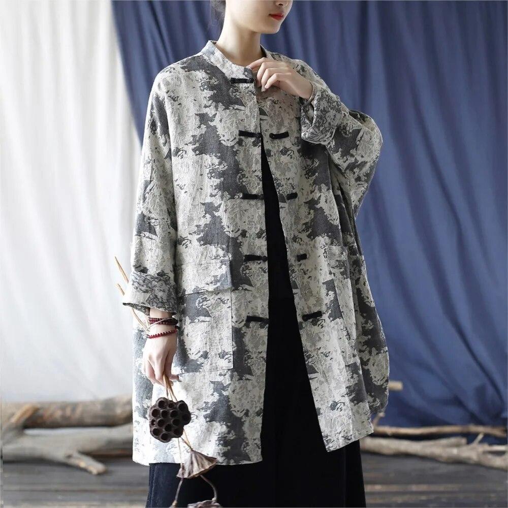 Johnature Women Vintage Jacquard Stand Long Sleeve Trench Button Spring Coats Chinese Style Patchwork Pockets Trench