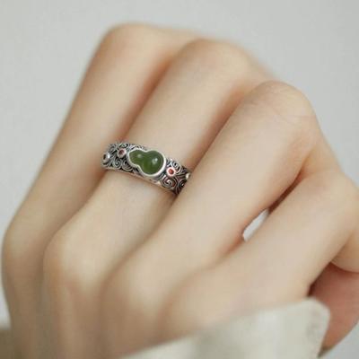 Jade Auspicious Cloud Gourd Ring: Retro Chinese Style Adjustable Openwork Inlaid Fu Lu Ring for Women