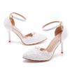 Crystal Queen Women White Lace Sandals High Heels Summer Pumps Thin Party Pointed Toe Ladie Dress Shoes