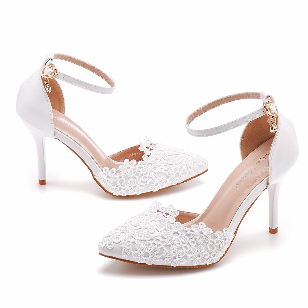 Crystal Queen Women White Lace Sandals High Heels Summer Pumps Thin Party Pointed Toe Ladie Dress Shoes