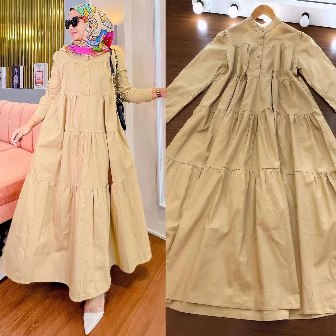 

M906#9 Multi-Color Casual Long-Sleeved Cotton Dress for Arab Women One Size абрикосовий