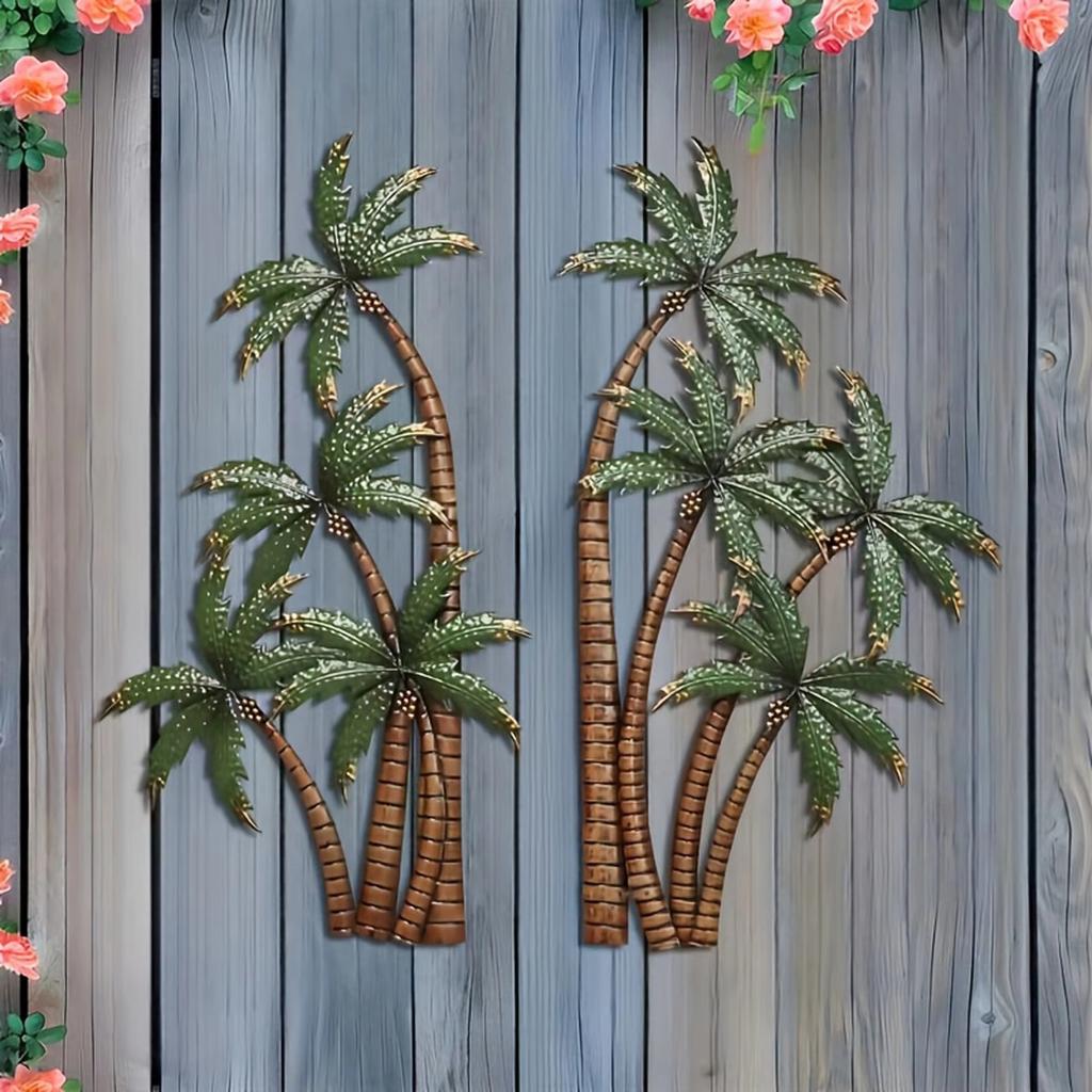 Metal Wall Art Palm Tree Silhouette Set Rustic Iron Craft Creative Decorative Hanging Sculptures for Indoor Outdoor Home and Office Display