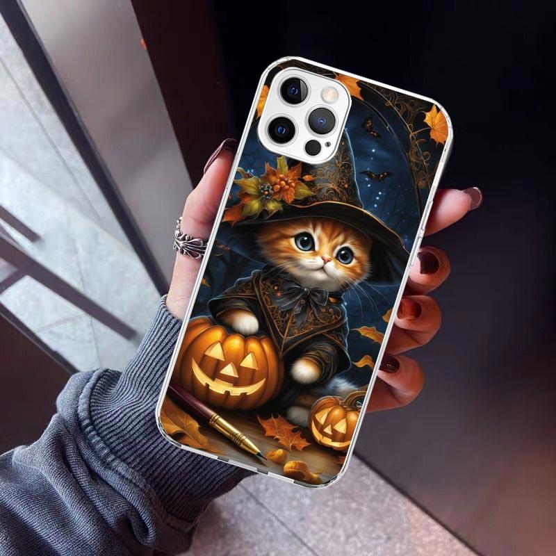 Black Kitten Halloween Pumpkin Phone Case For iPhone 17 Air 11 13 Mini 14 15 Plus 16 12 Pro Max 16E SE 7 8 Pattern Soft TPU Back