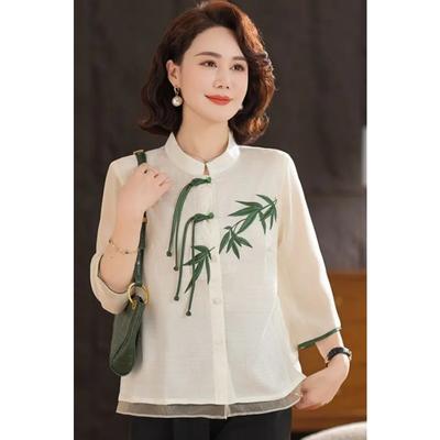 Women's Cream White Chinese Style Blouse With Green Bamboo Embroidery Frog Button Half Sleeve Loose Top For Middle-Aged