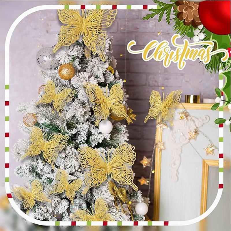 5Pcs Christmas Tree Butterfly Decor Glitter Hollow Butterfly Xmas Tree Hanging Decor Home New Year 2025 Navidad Decoration