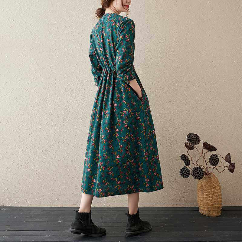 

New Printed Ethnic Style Round Neck Long Sleeve Dress Loose 3XL зелений