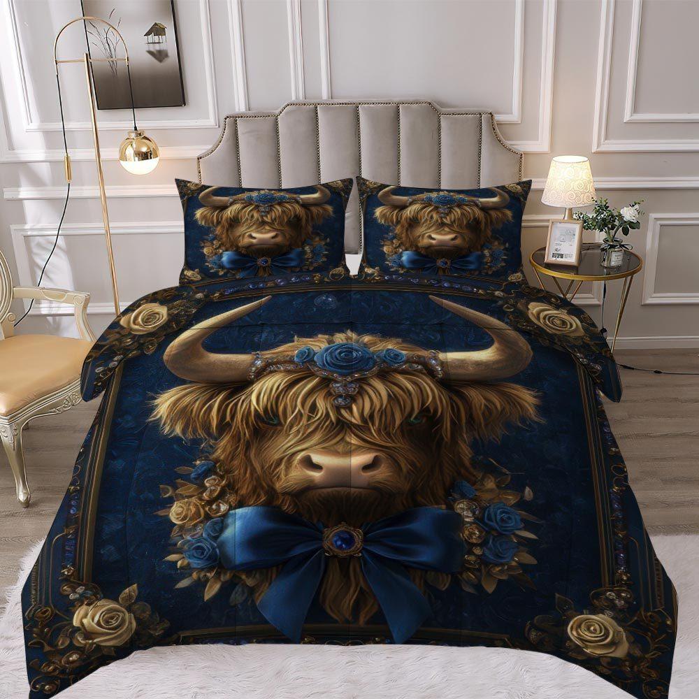 3 Pcs Highland Cow with Roses Quilt Set thick blanket Set Elegant and Festive Comforter Bedding Set 1 Quilt + 2 Pillowcases