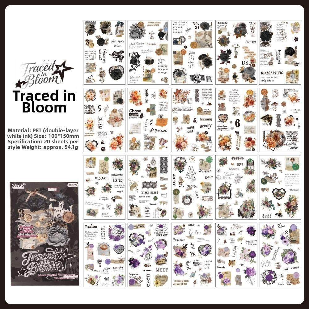 20 Sheets Antique Scene Stickers PET Aesthetic Text Pattern Stickers Flowers & Character Self-Adhesive Scrapbook Sticker