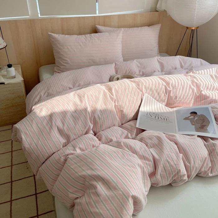 Nordic Sling Cotton Pink Stripes Duvet Cover 150x200 Size Girl's Room Housse Skin Friendly Breathable Comforter Sets