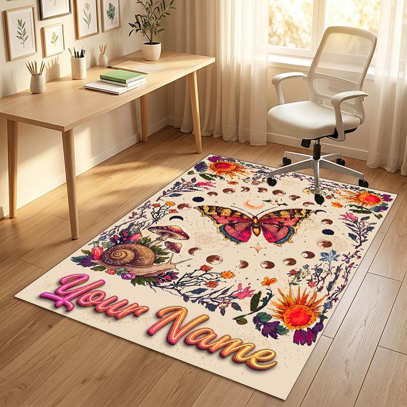 Floral Garden Theme Crystal Velvet Rug Personalized Custom Name Text Soft Floor Mat Home Decor