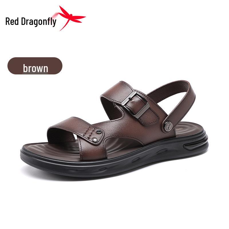 Men s Red Dragonfly Soft Leather Non-Slip Beach Sandals - Wear & Odor Resistant Summer Slippers 40