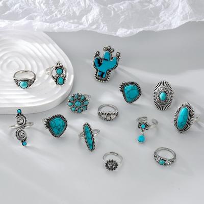14Pcs/Set Vintage Bohemian Open End Adjustable Ring Set Cactus Sun Shape Faux Turquoise Knuckle Rings Fashion Jewelry Gift
