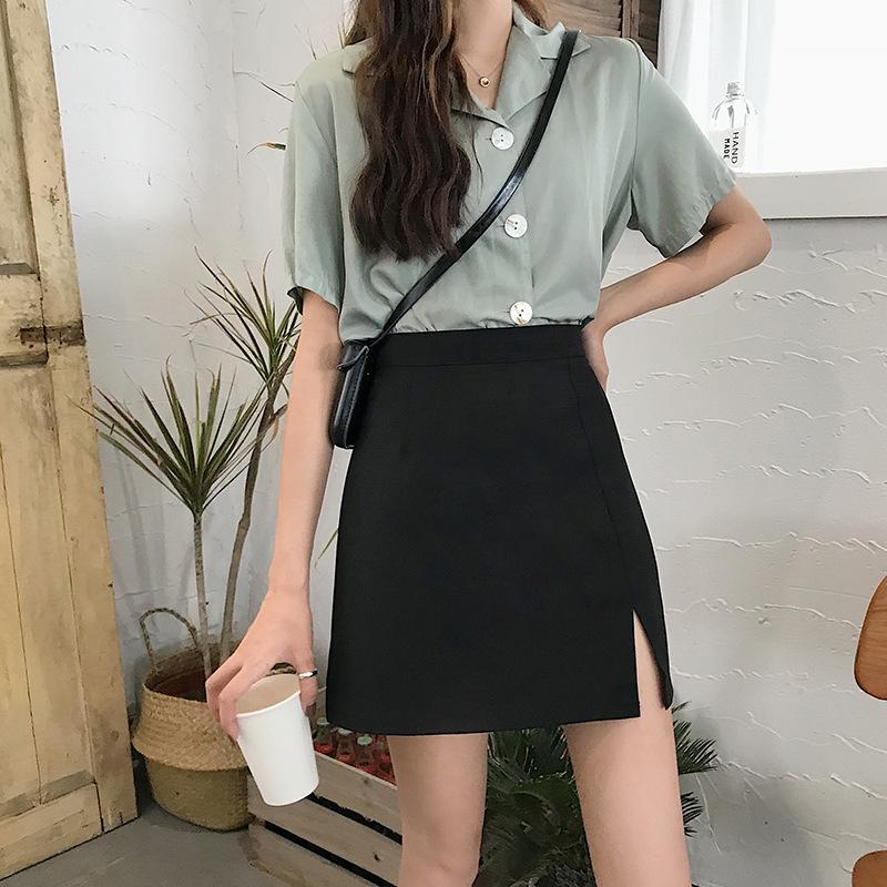 Women's Skirt Summer Anti-Exposure Short Skirt High Waist Plus Size Slimming Split A-Line Skirt Academic Black Pencil Skirt Trendy