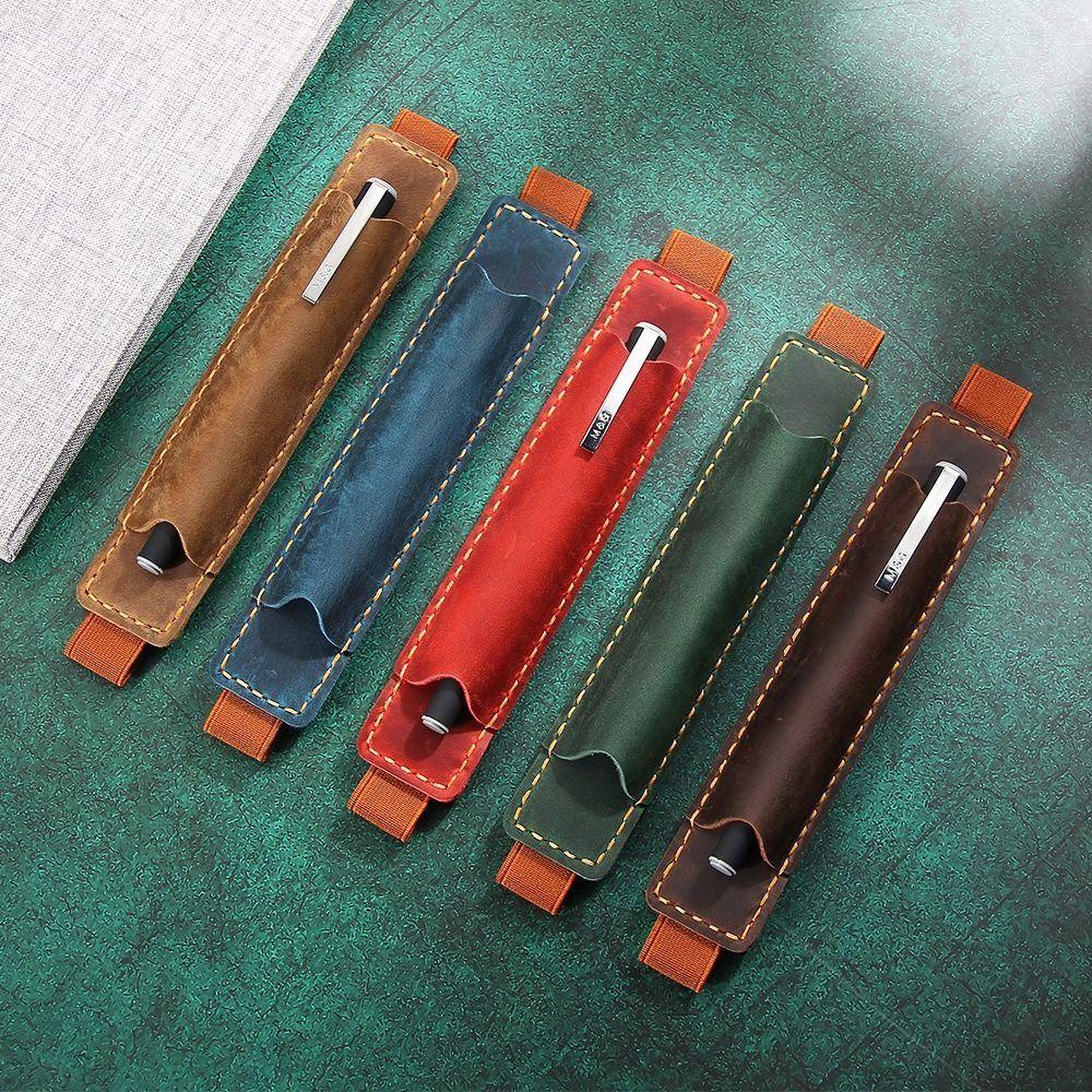 Elastic Band Pen Case Holder Crazy Horse Leather Portable Pen Pouch Leather Pencil Bag  Anime Fan