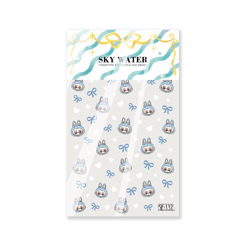 Sky Blue Nail Stickers: 6D Labubu Jelly Bow & White Heart Design