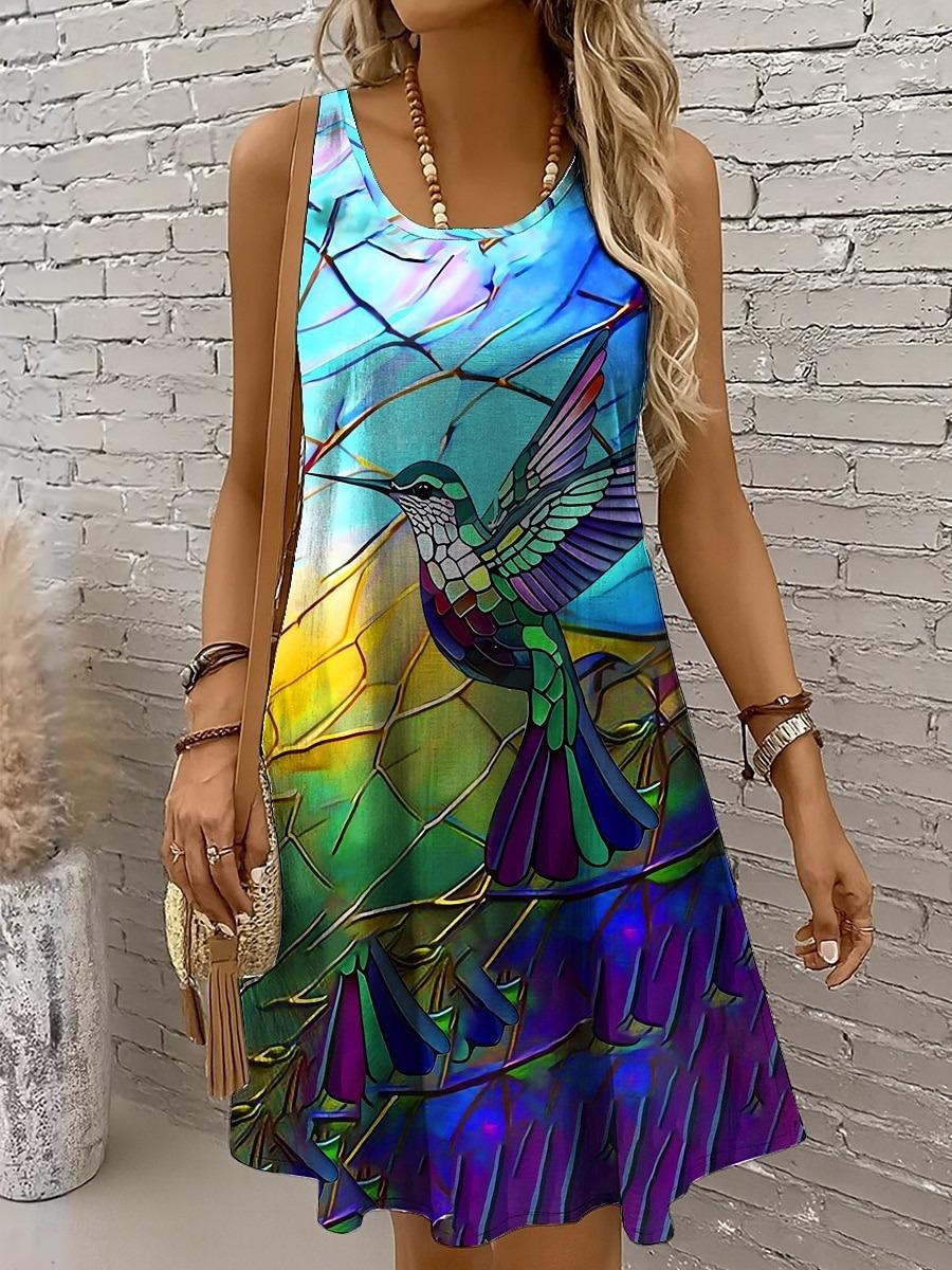 Summer Women s Ombre Animal Print Casual Dress, Off Shoulder Sleeveless Crew Neck A-Line Beach Sundress S