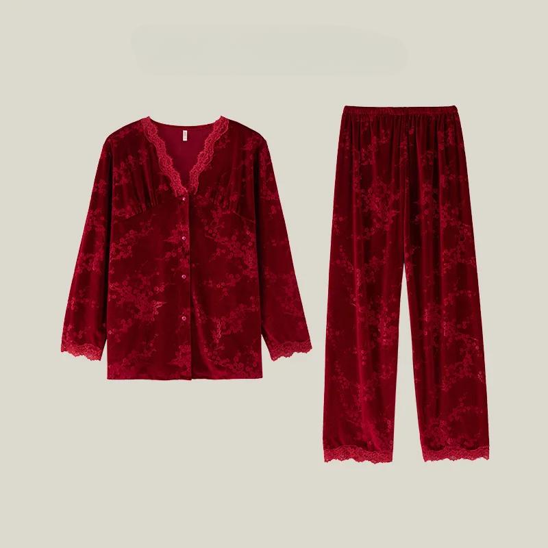 

Сексуальная пижама с V-образным вырезом и кружевной кромкой, осенне-зимняя бархатная пижама с цветком сливы, домашний костюм с длинными рукавами, повседневная велюровая одежда для отдыха XL
