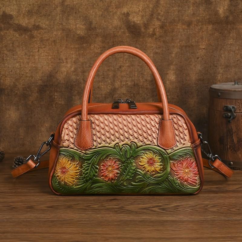 Johnature Ethnic Style Genuine Leather Retro Handbag Handmade Leather Carving Women's Shoulder Crossbody Bags