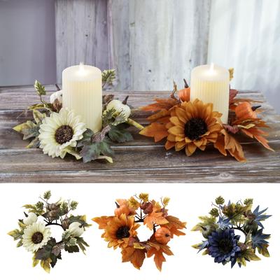 Halloween Candle Ring Wreath Artificial Pumpkin Sunflower Maple Leaf Wreath Pillar Candle